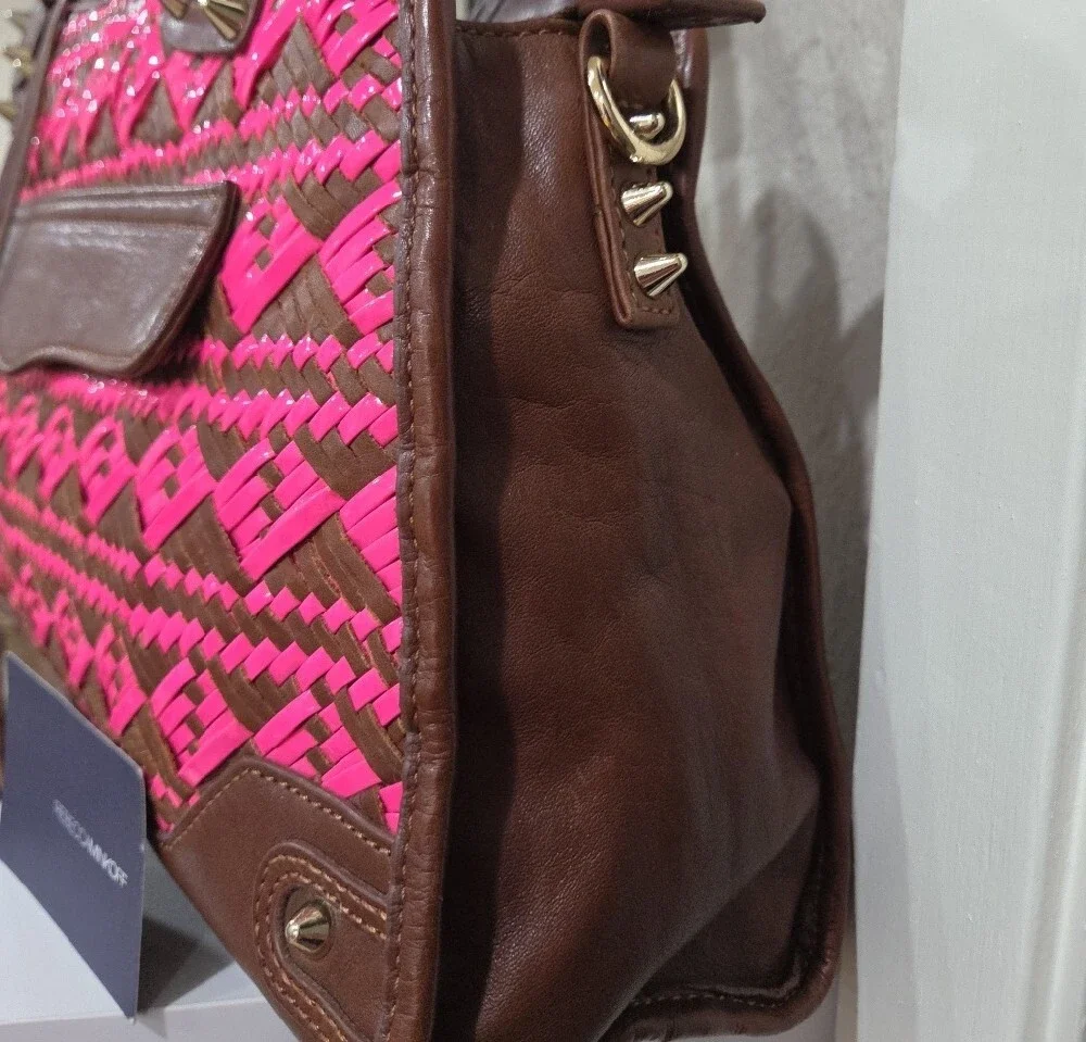 Rebecca Minkoff Pink and Brown Woven Satchel with Leather Trim Original Dust Bag